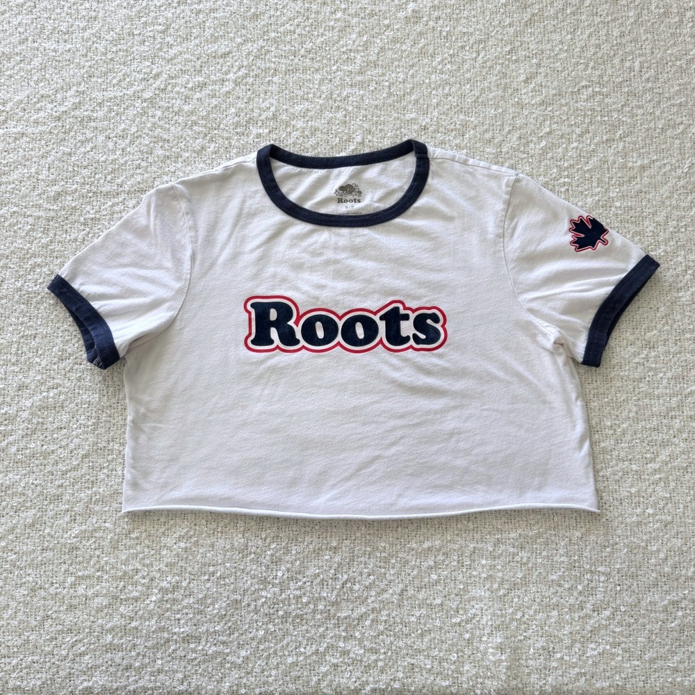 Roots Ringer Crop Top Womens S White Navy Logo Raw Hem Canada Maple Leaf